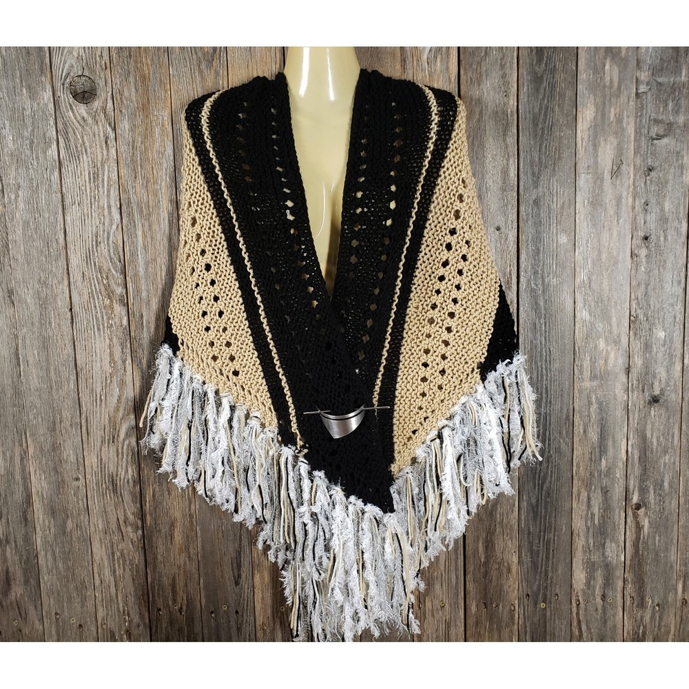 NEW Black Beige Knit Shawl‎ Wrap Boho Indie Artsy Festival Cottage Hippie Chic - Picture 2 of 9